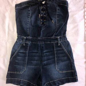 Bebe Denim Romper with Gold Detail and Zipper - XS